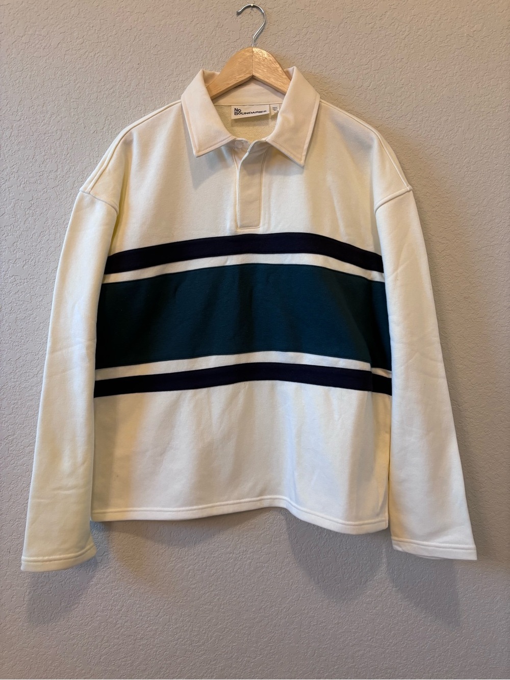 NWOT No Boundaries Stripe Rugby Shirt - Sweater Cream with Navy & Green Medium